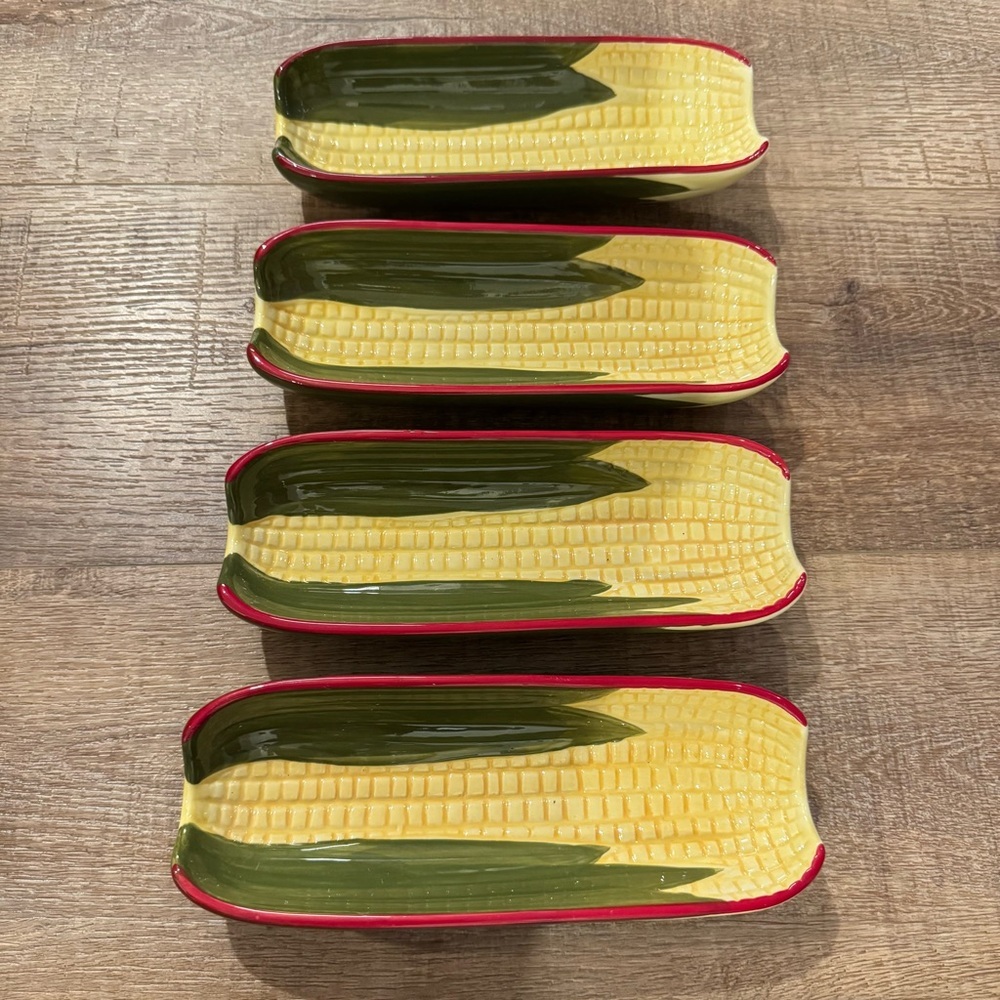 Vintage Pfaltzgraff Ceramic Corn On The Cob Server Plate Green Yellow Set of 4